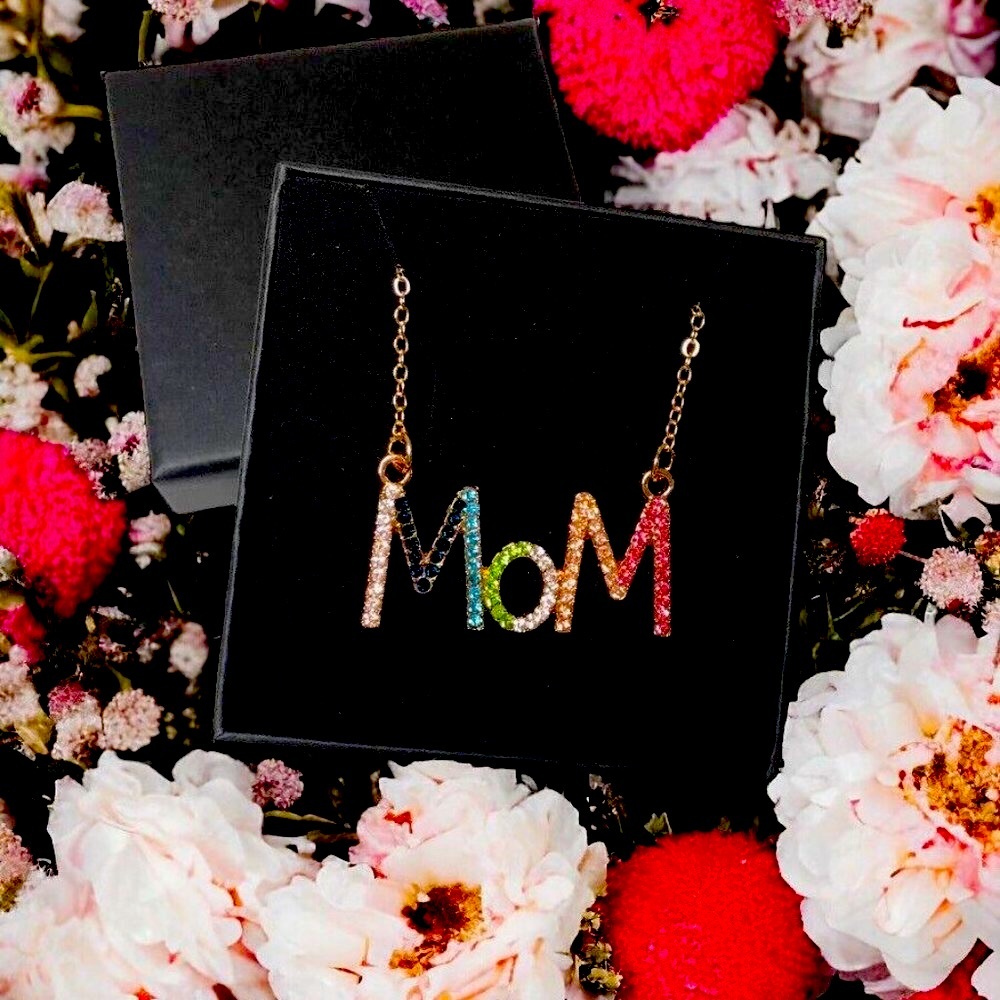 Gold Tone Mom Necklace Colorful Rainbow Crystal Rhinestone Gift for Mom